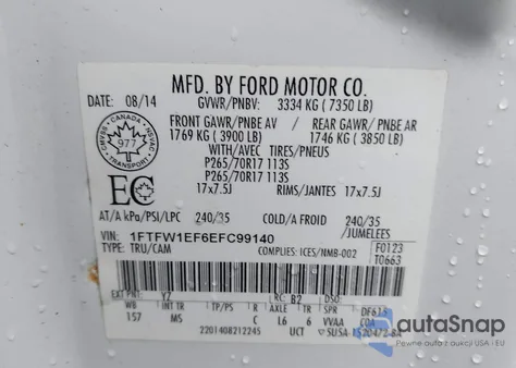 2014 Ford F-150 Xlt из США, поврежденный, VIN 1FTFW1EF6EFC99140